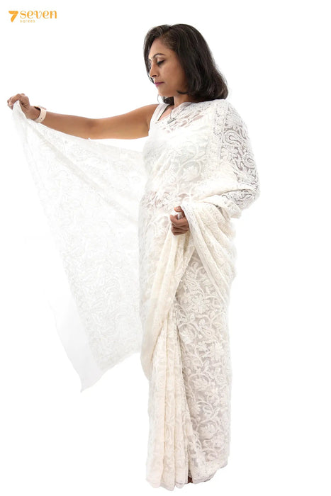 Swan's Life Lucknow White Original Handmade Chikankari Georgette Saree - Seven Sarees - Saree - Seven Sarees