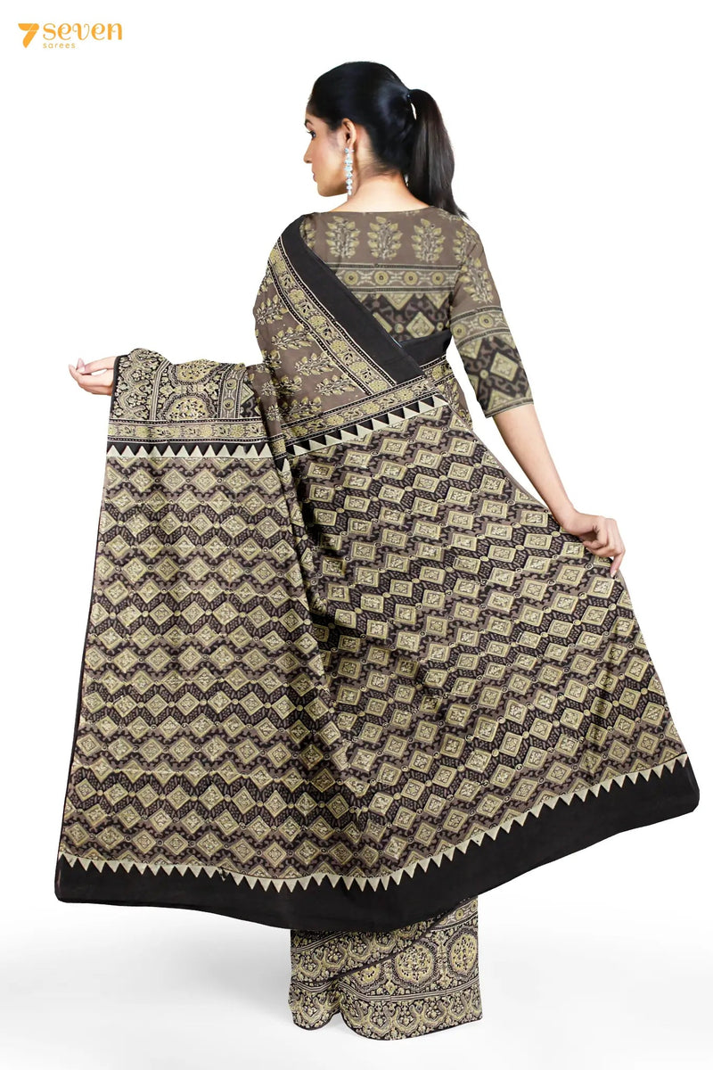 Taabir Kutch Brown Pure Ajrakh Cotton Saree - Seven Sarees - Saree - Seven Sarees