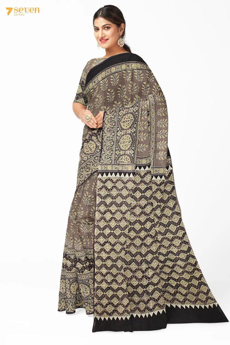 Taabir Kutch Brown Pure Ajrakh Cotton Saree - Seven Sarees - Saree - Seven Sarees