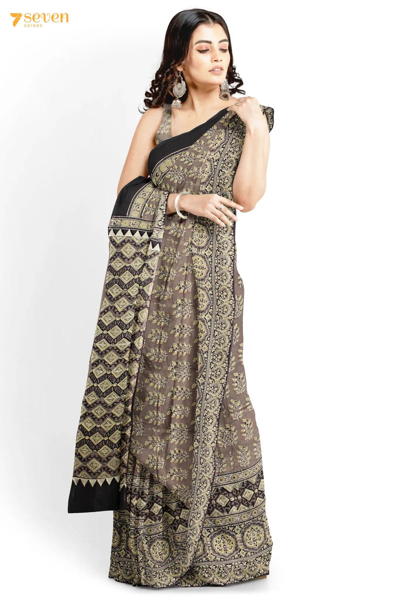 Taabir Kutch Brown Pure Ajrakh Cotton Saree - Seven Sarees - Saree - Seven Sarees