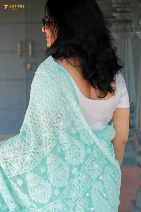 Teal Mist Lucknow Blue Original Handmade Chikankari Georgette Saree - Seven Sarees - Saree - Seven Sarees