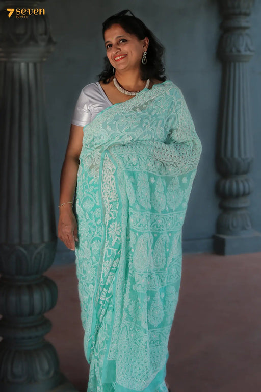 Teal Mist Lucknow Blue Original Handmade Chikankari Georgette Saree - Seven Sarees - Saree - Seven Sarees