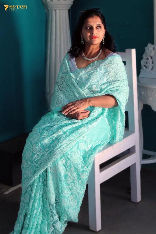 Teal Mist Lucknow Blue Original Handmade Chikankari Georgette Saree - Seven Sarees - Saree - Seven Sarees
