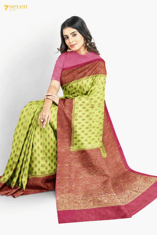 Usra Benares Green Pure Silk Saree | Silk Mark Certified - Seven Sarees - Saree - Seven Sarees