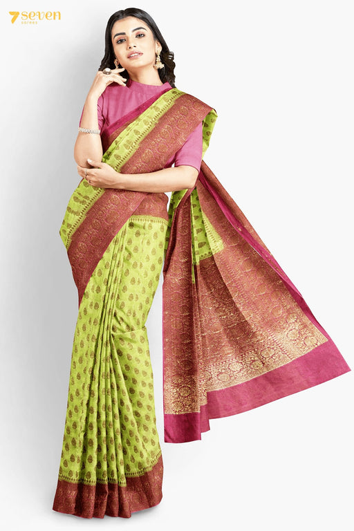 Usra Benares Green Pure Silk Saree | Silk Mark Certified - Seven Sarees - Saree - Seven Sarees