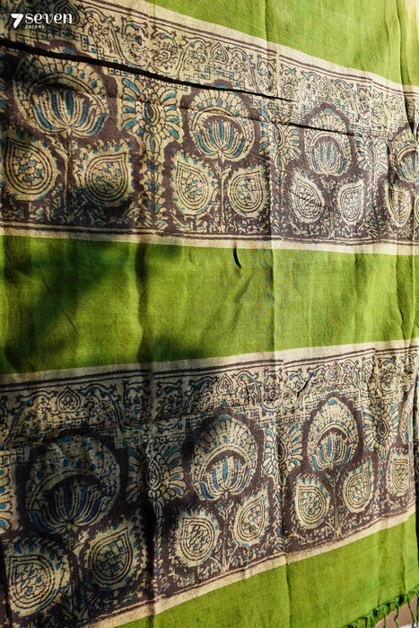 Vada Malli Hand Block Kalamkari 100% Soft Cotton Light Green Saree (Handloom) - Seven Sarees - Saree - Seven Sarees