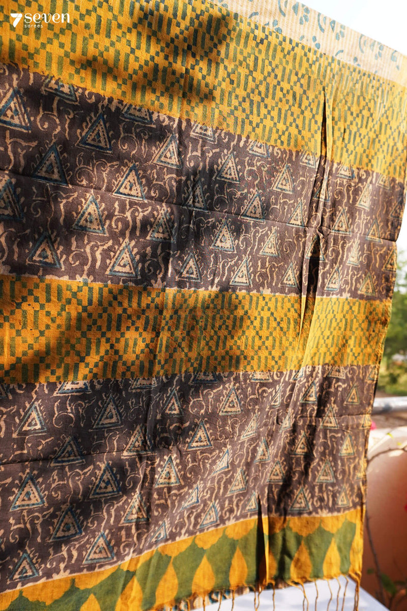 Varahalu Hand Block Kalamkari 100% Soft Cotton Yellow Saree (Handloom) - Seven Sarees - Saree - Seven Sarees