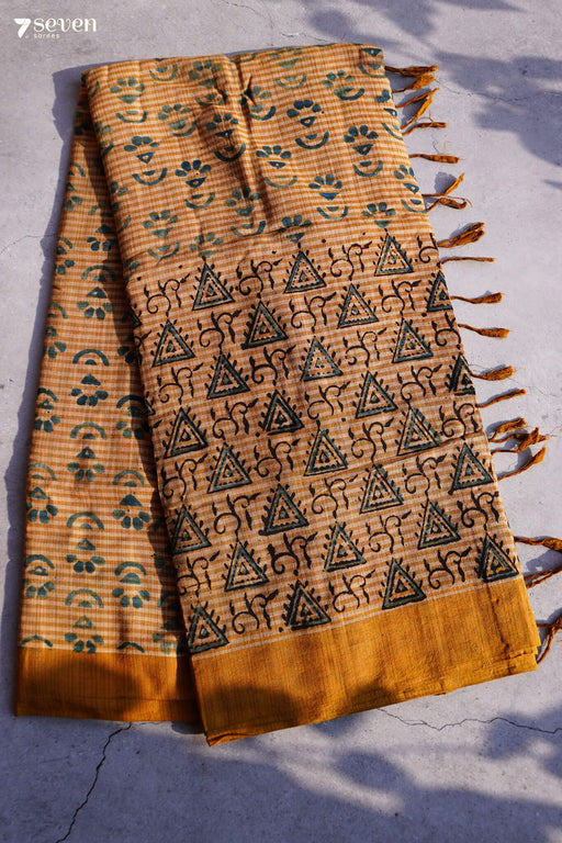 Varahalu Hand Block Kalamkari 100% Soft Cotton Yellow Saree (Handloom) - Seven Sarees - Saree - Seven Sarees