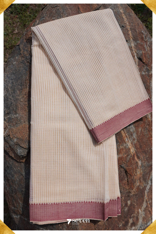 Veenavani Mangalagiri Handloom Sandal/Red Pure Cotton Saree - Seven Sarees - Saree - Seven Sarees