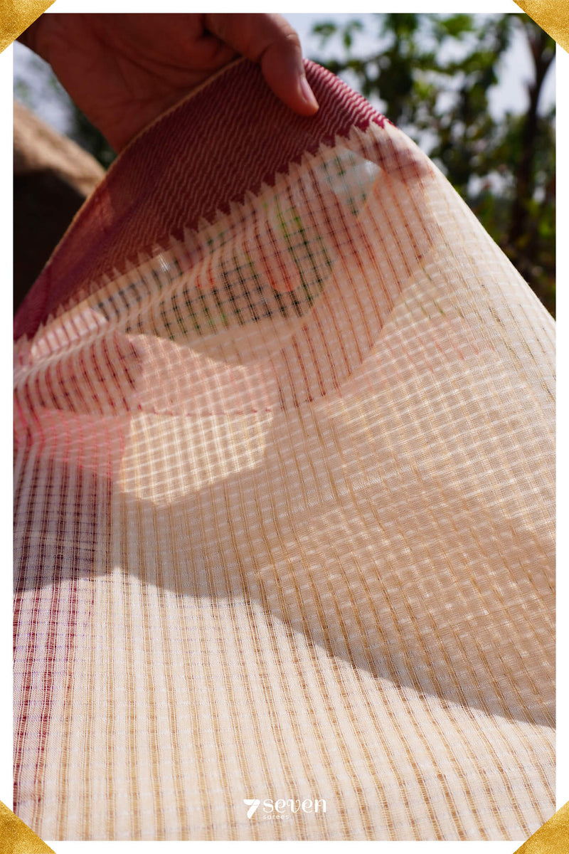 Veenavani Mangalagiri Handloom Sandal/Red Pure Cotton Saree - Seven Sarees - Saree - Seven Sarees