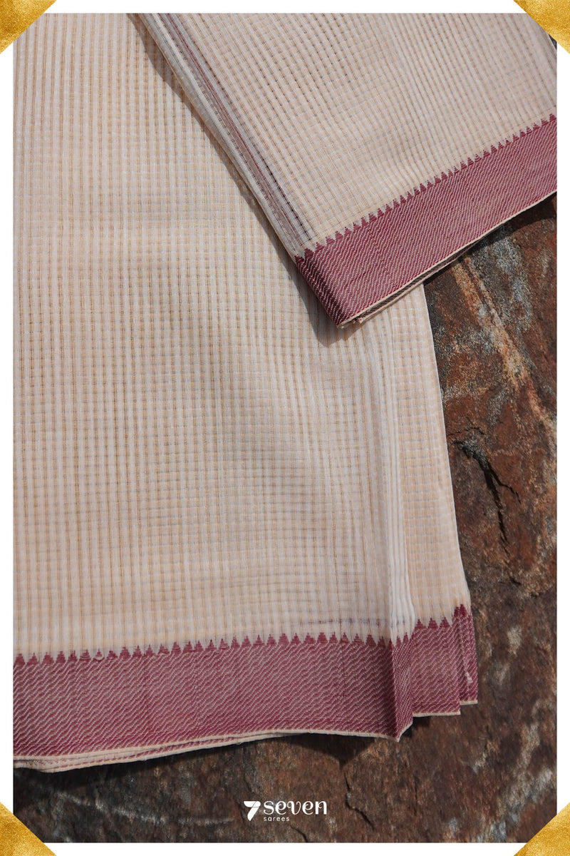 Veenavani Mangalagiri Handloom Sandal/Red Pure Cotton Saree - Seven Sarees - Saree - Seven Sarees
