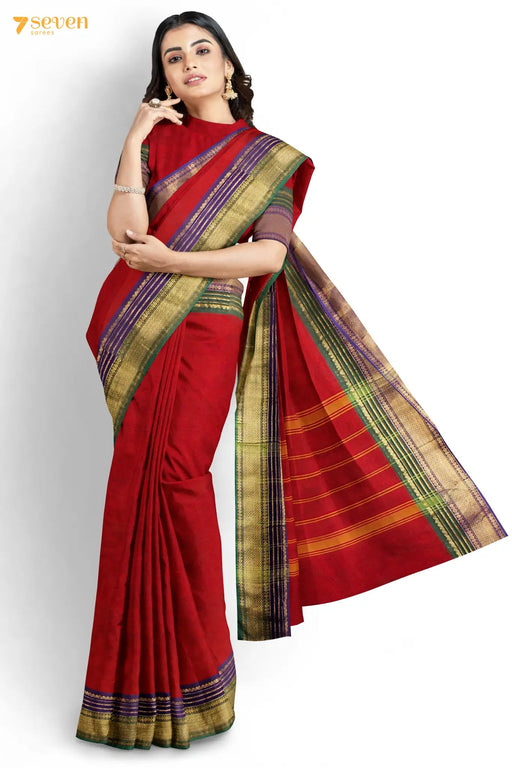 Vetchi Madurai Red Pure Cotton Saree - Seven Sarees - Saree - Seven Sarees