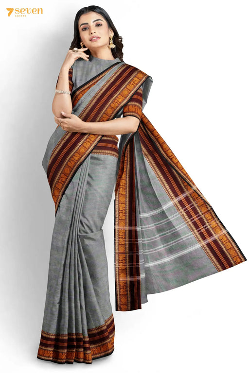 Vidiyal Madurai Grey Pure Cotton Saree - Seven Sarees - Saree - Seven Sarees