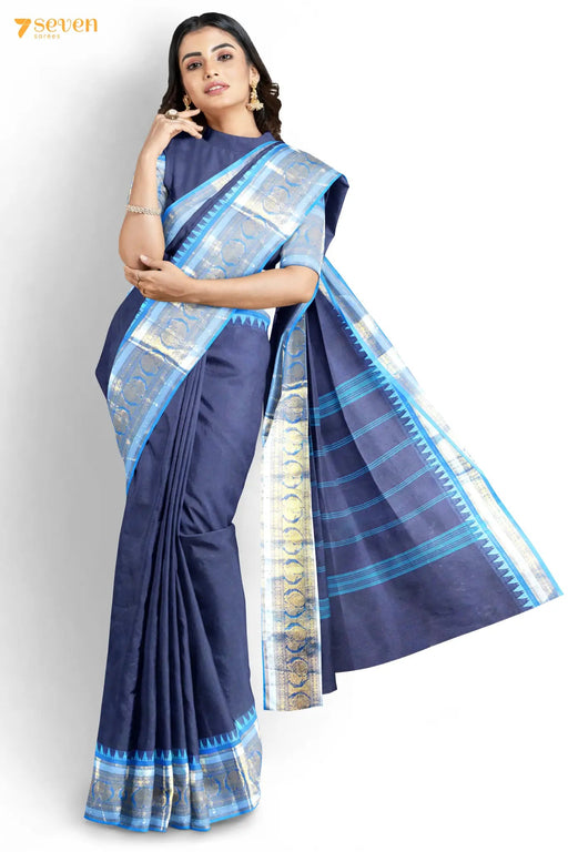 Virundhu Madurai Blue Pure Cotton Saree - Seven Sarees - Saree - Seven Sarees