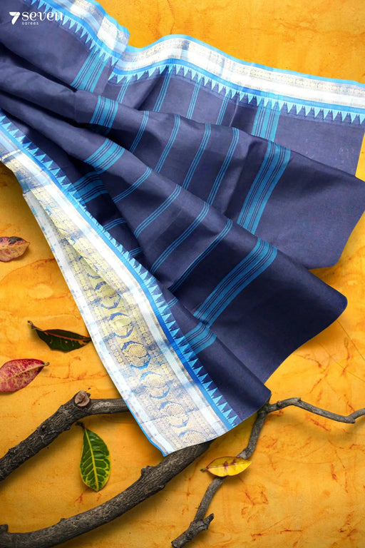 Virundhu Madurai Blue Pure Cotton Saree - Seven Sarees - Saree - Seven Sarees