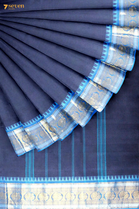 Virundhu Madurai Blue Pure Cotton Saree - Seven Sarees - Saree - Seven Sarees