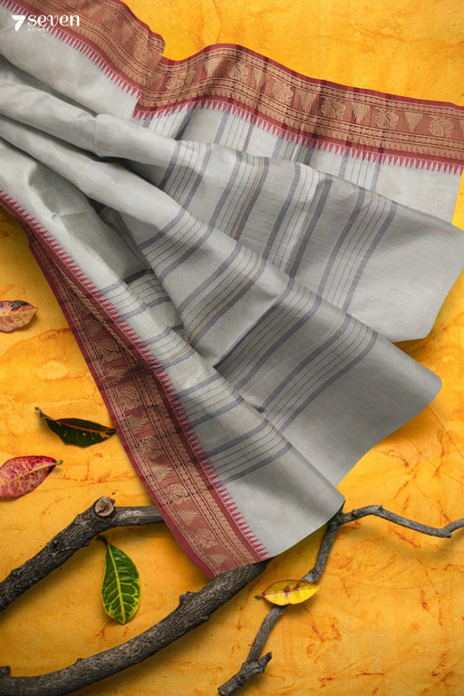 Vishesham Madurai Grey Pure Cotton Saree - Seven Sarees - Saree - Seven Sarees