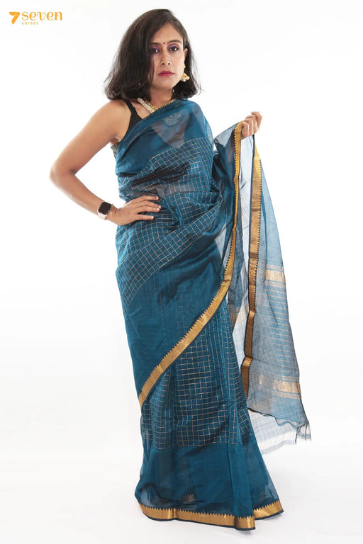 Vithya Mangalagiri Handloom Blue Pure Silk-Cotton Saree - Seven Sarees - Saree - Seven Sarees