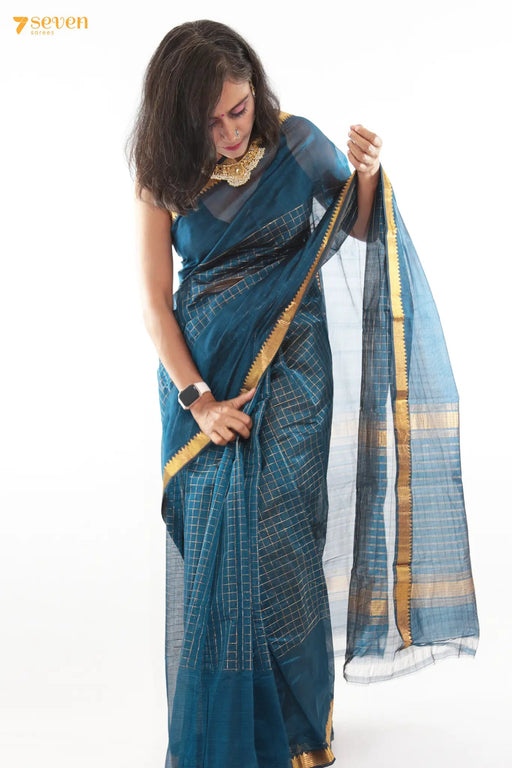 Vithya Mangalagiri Handloom Blue Pure Silk-Cotton Saree - Seven Sarees - Saree - Seven Sarees