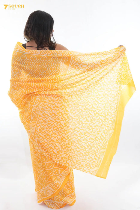 Yellow yellow pretty fellow Jaipur Yellow Block Printed Pure Cotton Saree - Seven Sarees - Saree - Seven Sarees