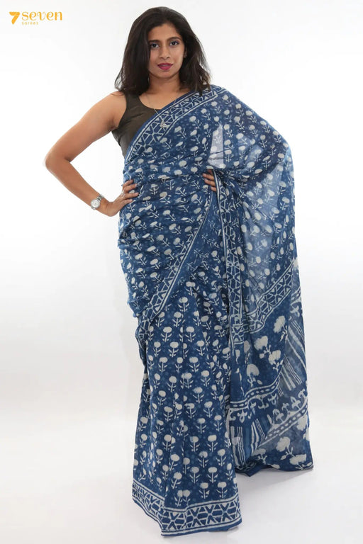 Yet to Blossom Jaipur Blue Block Printed Pure Cotton Saree - Seven Sarees - Saree - Seven Sarees